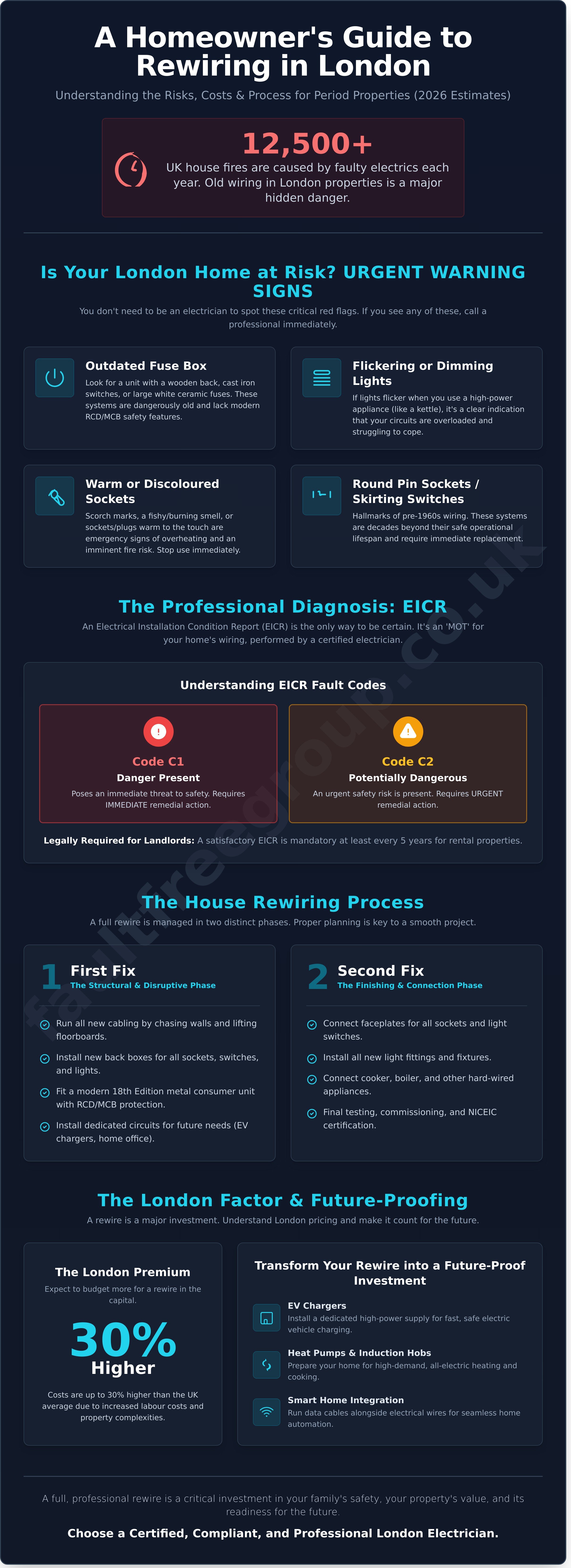 Rewiring a House in London: The 2026 Cost, Safety, and Future-Proofing Guide - Infographic